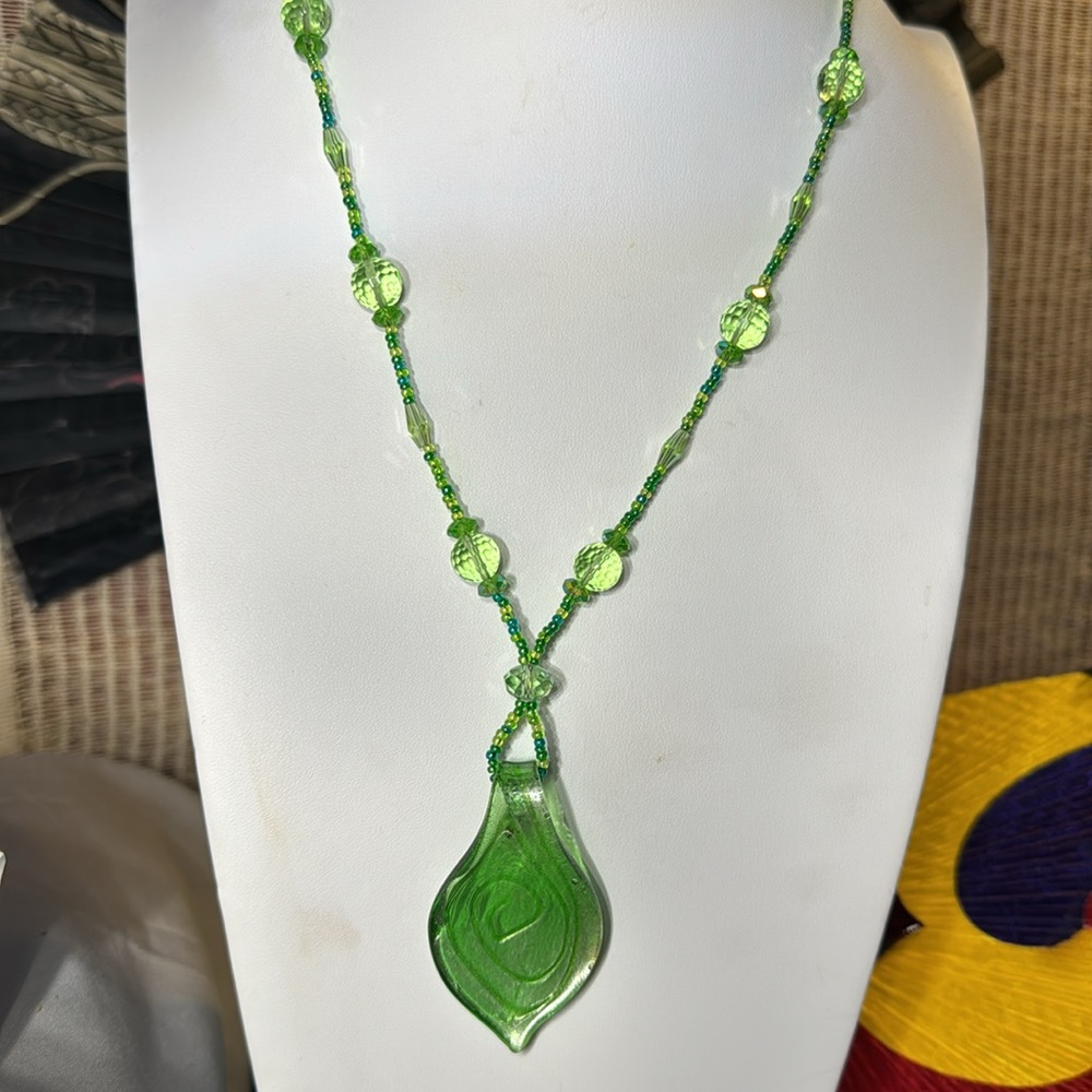 Artisan Beaded Murano Glass Pendant Green & Silver Swirl Design All Glass Beads